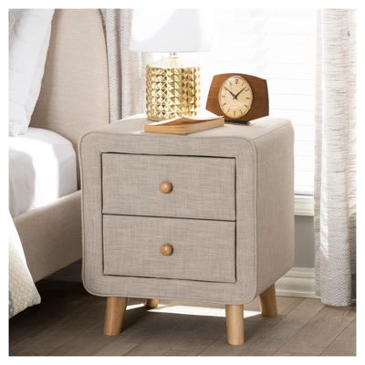Jonesy Mid - Century Linen Upholstered 2 - Drawer Nightstand - Buff Beige - Baxton Studio 5 Jonesy Mid - Century Linen Upholstered 2 - Drawer Nightstand - Buff Beige - Baxton Studio - Image 5