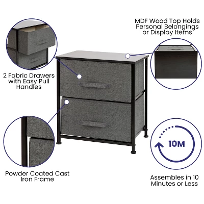 Flash Furniture 2 Drawer Wood Top Nightstand Storage Organizer With Cast Iron Frame And Dark Easy Pull Fabric Drawers 2 Flash Furniture 2 Drawer Wood Top Nightstand Storage Organizer With Cast Iron Frame And Dark Easy Pull Fabric Drawers - Image 2