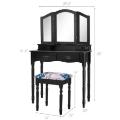 Costway Black Tri Folding Mirror Vanity Makeup Table Stool 4 Drawers -DreamNest Store GUEST ede71e21 bf9d 4120 b9c3 584c77452b64