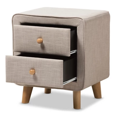 Jonesy Mid - Century Linen Upholstered 2 - Drawer Nightstand - Buff Beige - Baxton Studio 3 Jonesy Mid - Century Linen Upholstered 2 - Drawer Nightstand - Buff Beige - Baxton Studio - Image 3