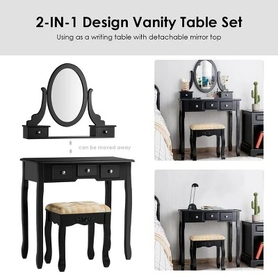 Tangkula Vanity Table Set W/ 360° Rotating Oval Mirror & Drawers Black/White 5 Tangkula Vanity Table Set W/ 360° Rotating Oval Mirror & Drawers Black/White - Image 5