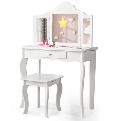 Costway Kid Vanity Table Set With Tri-folding Mirror 2-in-1 Makeup Dressing Table Stool Set 1 Costway Kid Vanity Table Set With Tri-folding Mirror 2-in-1 Makeup Dressing Table Stool Set