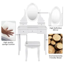 Costway Bedroom Wooden Mirrored Makeup Vanity Set Stool Table Set White 5 Drawers -DreamNest Store GUEST f24f0a59 af3a 49bb 94ec 2ac556e30284