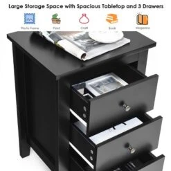 Costway Nightstand End Beside Sofa Table Cabinet W/ 3 Drawers Bedroom Furniture Black -DreamNest Store GUEST f2761119 3ce7 4ca6 aa30 f213f96999b8