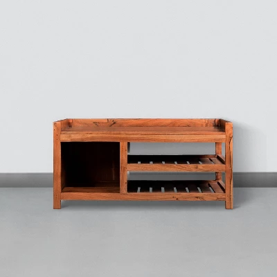 Entryway Bench With Wooden Seat And 2 Slatted Shelves Brown - The Urban Port 6 Entryway Bench With Wooden Seat And 2 Slatted Shelves Brown - The Urban Port - Image 6