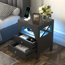 Nightstand With USB Charging Ports And LED Lights, End Table With 2 Drawers And Shelf-ModernLuxe -DreamNest Store GUEST f44939ff 4161 4645 9904 ce7f0ee58e39