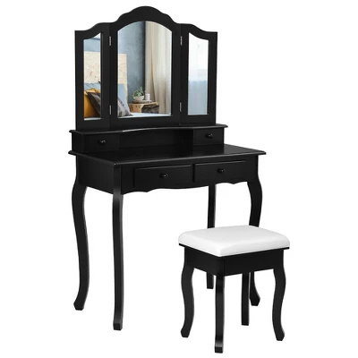 Costway Vanity Makeup Dressing Table Set W/Stool 4 Drawer&Mirror Jewelry Wood Desk Black 9 Costway Vanity Makeup Dressing Table Set W/Stool 4 Drawer&Mirror Jewelry Wood Desk Black - Image 9