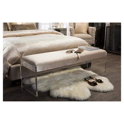 Hildon Modern And Contemporary Microsuede Fabric Upholstered Lux Bench With Paneled Acrylic Legs - Buff Beige - Baxton Studio 3 Hildon Modern And Contemporary Microsuede Fabric Upholstered Lux Bench With Paneled Acrylic Legs - Buff Beige - Baxton Studio - Image 3