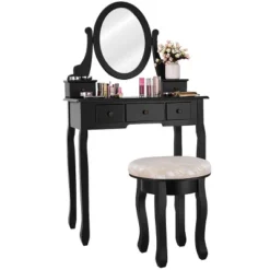 Costway Vanity Table Makeup Table Cushioned Mirror 5 Drawers Black -DreamNest Store GUEST f5307e06 2e1e 40bc 9524 95db11aed3bc