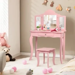 Costway Kids Vanity Table & Stool Princess Dressing Make Up Play Set For Girls Pink -DreamNest Store GUEST f5484c8d 042b 40a9 b280 33260c1fa979