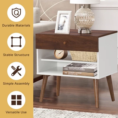 Costway 2PCS Nightstand End Side Table Drawer Storage Shelf Mid-Century Rubber Wood Leg 4 Costway 2PCS Nightstand End Side Table Drawer Storage Shelf Mid-Century Rubber Wood Leg - Image 4