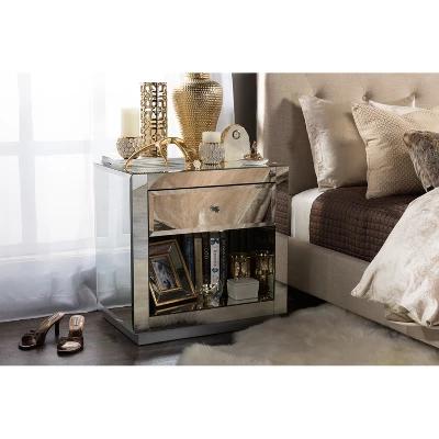Rochadh Hollywood Glamour Style 1 Drawer And 1 Shelf Nightstand And Bedside Table Silver - Baxton Studio 2 Rochadh Hollywood Glamour Style 1 Drawer And 1 Shelf Nightstand And Bedside Table Silver - Baxton Studio - Image 2