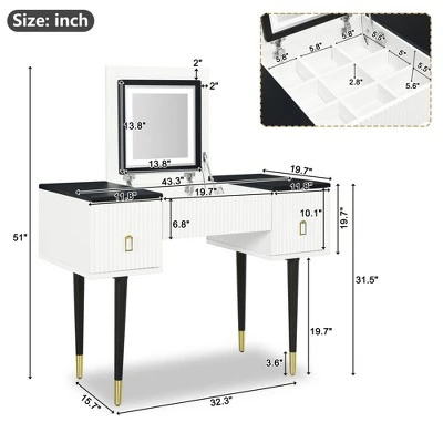 43.3" Modern Vanity Table Set With Flip-Up Mirror, LED Lights And Storage - ModernLuxe 2 43.3" Modern Vanity Table Set With Flip-Up Mirror, LED Lights And Storage - ModernLuxe - Image 2