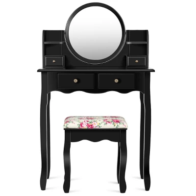 Tangkula Vanity Table Set W/Detachable Mirror & Stool Black/White 6 Tangkula Vanity Table Set W/Detachable Mirror & Stool Black/White - Image 6