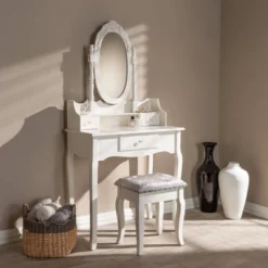 2pc Veronique White Finished Wood Vanity Table With Mirror And Ottoman White - Baxton Studio -DreamNest Store GUEST f863a476 0be8 4088 944d 7ddd20db8cfa