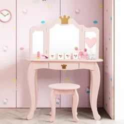 Costway Kids Makeup Dressing Table Chair Set Princess Vanity & Tri-folding Mirror -DreamNest Store GUEST f8895ce8 bca3 40fc 9ff5 3989b4a9ec9a