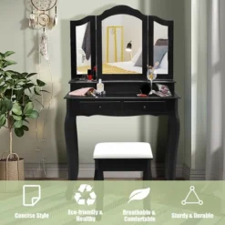 Costway Vanity Makeup Dressing Table Set W/Stool 4 Drawer&Mirror Jewelry Wood Desk Black 14 Costway Vanity Makeup Dressing Table Set W/Stool 4 Drawer&Mirror Jewelry Wood Desk Black -DreamNest Store GUEST f9169438 b43c 413e a694 bc0b3179f5e2