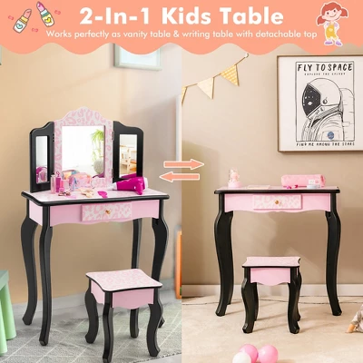 Costway Kid Vanity Set Wooden Makeup Table Stool Tri-Folding Mirror Leopard Print Pink 5 Costway Kid Vanity Set Wooden Makeup Table Stool Tri-Folding Mirror Leopard Print Pink - Image 5
