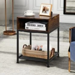Costway Set Of 2 Industrial Nightstand End Side Table W/ Compartment & Mesh Shelf