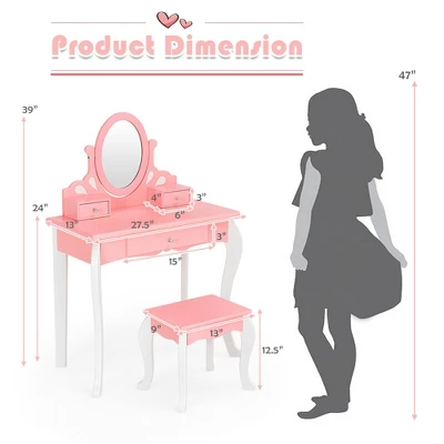 Costway Kids Vanity Princess Makeup Dressing Table Stool Set W/ Mirror Drawer 1 Costway Kids Vanity Princess Makeup Dressing Table Stool Set W/ Mirror Drawer