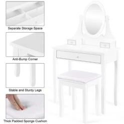 Costway Wooden Vanity Makeup Dressing Table Stool Set Bathroom White -DreamNest Store GUEST fad2f098 7951 4625 976e 1e31df1f84df