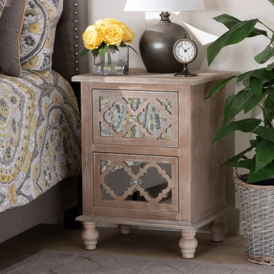 Celia Wood And Mirror 2 Drawer Quatrefoil Nightstand Natural - Baxton Studio 6 Celia Wood And Mirror 2 Drawer Quatrefoil Nightstand Natural - Baxton Studio - Image 6