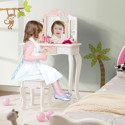 Costway Kid Vanity Set Wooden Makeup Table Stool Tri-Folding Mirror Zebra-Stripe Pink 2 Costway Kid Vanity Set Wooden Makeup Table Stool Tri-Folding Mirror Zebra-Stripe Pink - Image 2
