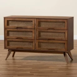 Barrett Wood And Synthetic Rattan 6 Drawer Dresser Walnut Brown - Baxton Studio -DreamNest Store GUEST fe7b73cc 5fd7 4aec 9d62 90a1c209c614