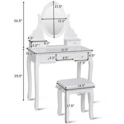 Costway Bedroom Wooden Mirrored Makeup Vanity Set Stool Table Set White 5 Drawers -DreamNest Store GUEST feb696b7 c136 4f84 a60a 607ac69879db