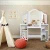 Costway Vanity Table Set Makeup Dressing Kids Girls Study Table Tri Folding Mirror