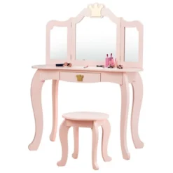 Costway Kids Makeup Dressing Table Chair Set Princess Vanity & Tri-folding Mirror -DreamNest Store GUEST ffe0658f 6a08 4861 b745 2d750a7a2aa2